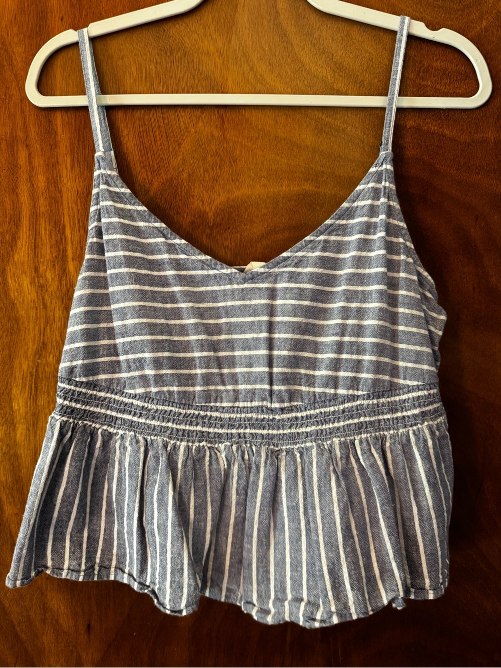 Roxy Blue and White Striped Smocked Peplum Cami